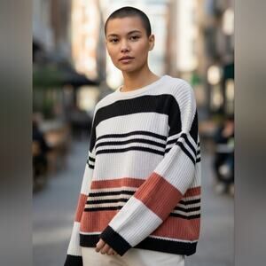 Oversized Striped Knit Sweater | Black-Cream-Terracota | Size 2X